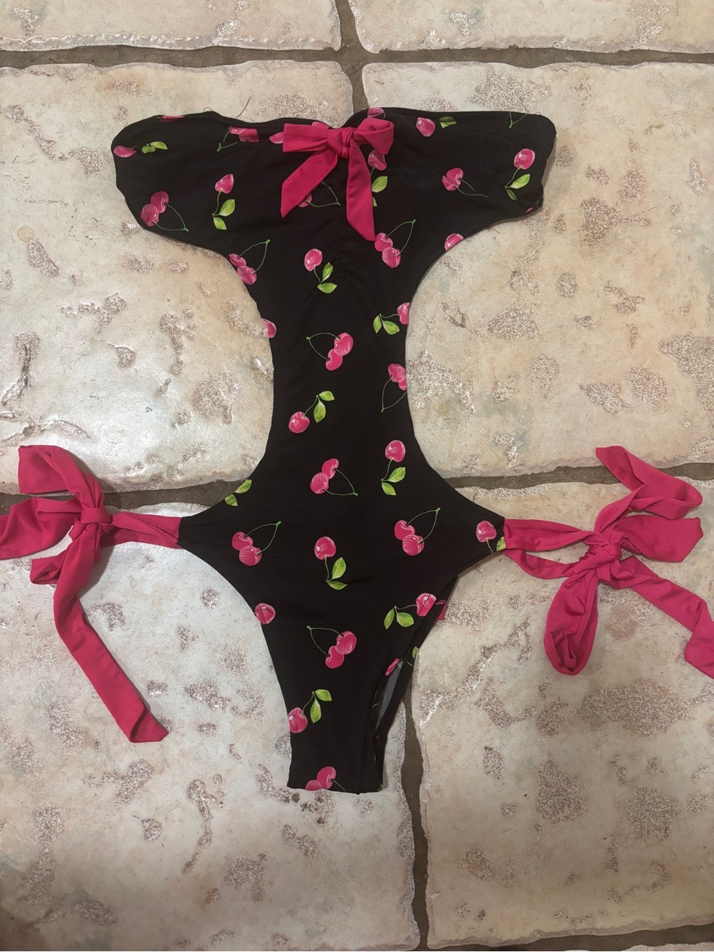 Vintage Y2K hustler Black Cherry Print One Piece Swimsuit monokini small medium